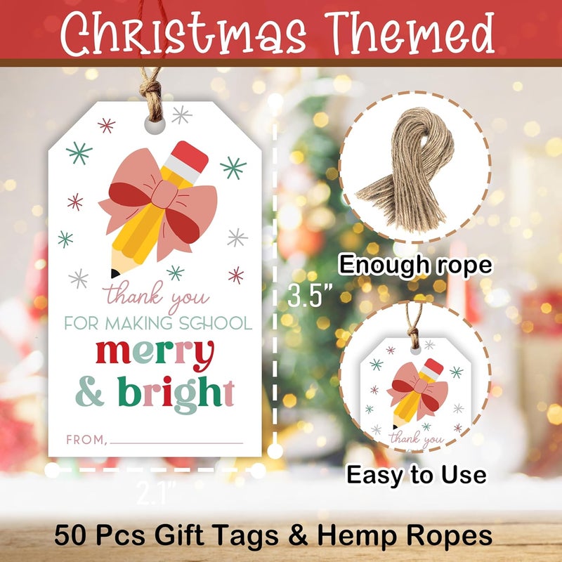 HandEasy 50 Pcs Christmas Gift Tags, 2.1"×3.5" Teacher Gift Tag, Classroom Treat Tag, Teacher Appreciation Hangtag,Wrap for Party Favor - B12 - Image 2